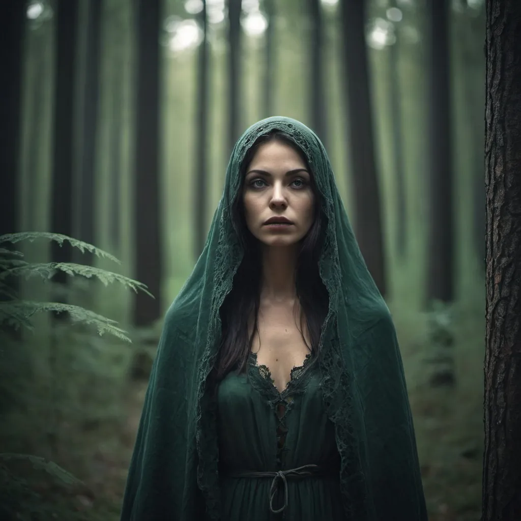 Prompt: A misterios woman în a forest. 

