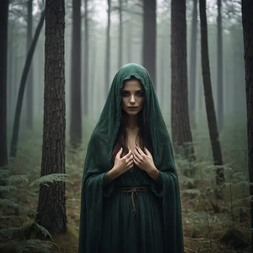 Prompt: A misterios woman în a forest. 

