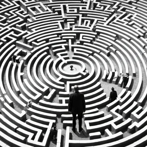 Prompt: A blind man  lost in a labyrinth

