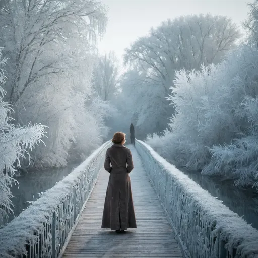 Prompt: A woman on a bridge in frost