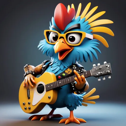 Prompt: Un poulet humanoïde punk stylisé agréable à regarder pour la fête de la musique j'en veux 3 différents adapté sur 3 formats d'affichage comme écran de téléphone, écran de tablette et écran de bureau et je veux un poulet pujnk jouant de la guitare, un qui joue de la batterie et un qui joue de de la machine electronique. Dans un style tex avery pour un  affichage sur une landing page d'un site
