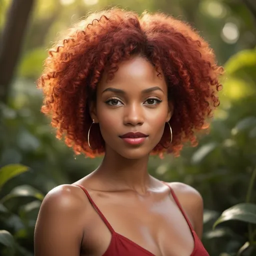 Prompt:    (Female figure) slender build, 30 years old, short afro curls, vibrant red hair, striking full lips, dark brown skin, warm and inviting atmosphere, glowing soft light, subtle background suggestions of an urban setting, embraced by nature, ultra-detailed, captivating and cheerful ambiance, showcasing beauty and confidence. 