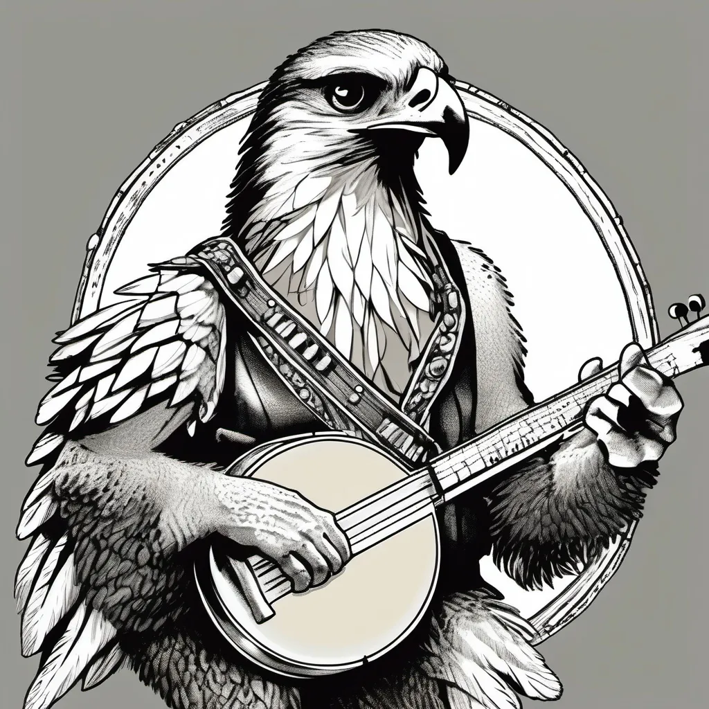 Prompt: vintage hawk playing a banjo rock and roll style no background black and white