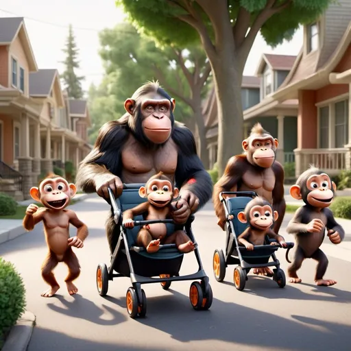 Prompt: Disney pixar type characters, 3d render style, cinematic colors of A family of apes and monkeys, with a baby ape in a stroller, dressed in workout clothes, walking for exercise through a high end middle class neighborhood with big lots and lots of trees.