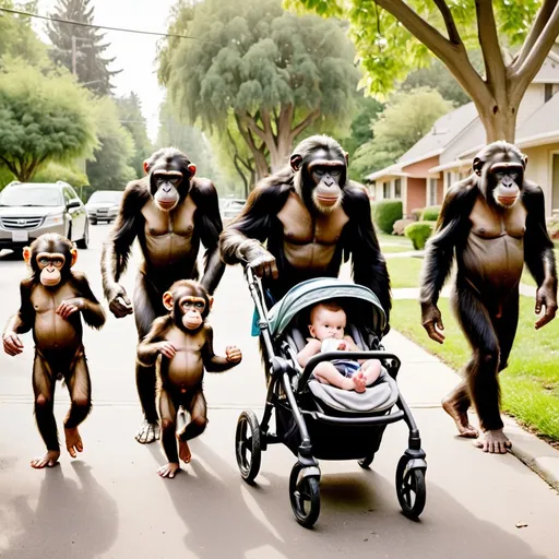 Prompt: A family of apes and monkeys, with no humans, with a baby ape in a stroller, dressed in workout clothes, walking for exercise through a high end middle class neighborhood with big lots and lots of trees.