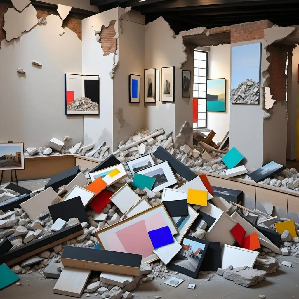 Prompt: create a museum room with contemporary art paintings on the walls and create a pile of rubble in the middle, in the form of a color photograph