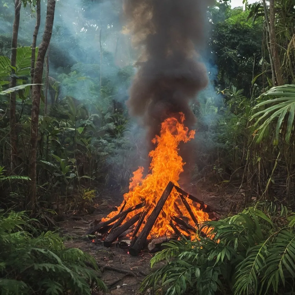 Prompt: A fire in the center of a Jungle