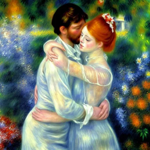 Prompt: One man and one woman both in transparent clothing embracing in a garden, Renoir style. The woman has her back to the man, is middle aged with fair red hair. The middle aged  man has  light, blonde hair and no beard is looking at her longingly over her shoulder. 