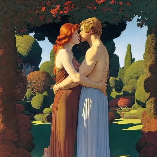 Prompt: One man and one woman in transparent clothing embracing in a garden, Maxfield Parrish style. The woman is older with fair red hair and gazing up at the middle aged  man with  fair blonde hair no beard.   Include detailed facial expressions. Show torso and faces. Delete third person