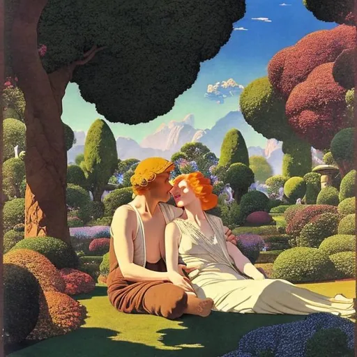 Prompt: Older, middle aged couple,  in transparent clothes, lying down, embracing in a garden, Maxfield Parrish style. Woman has red hair, man is very blonde.