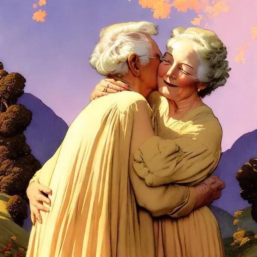 Prompt: Emotional, embrace of two seniors, Maxfield Parrish style, vintage, warm tones, romantic lighting, detailed facial expressions, traditional painting, love, affection, vintage attire, soft and gentle brushstrokes, classic art, rich colors, vintage setting, heartfelt, romantic, elderly couple, classic style, tender moment, best quality, vintage, traditional painting, warm tones, romantic lighting, detailed facial expressions, emotional, Maxfield Parrish style