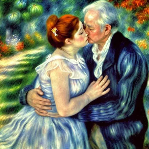 Prompt: An old woman and old man, both with  transparent clothing, kissing  passionately in a garden, Renoir style. The woman has fair reddish silver hair. The man has very fair brown hair. The man has no beard and no hat. 