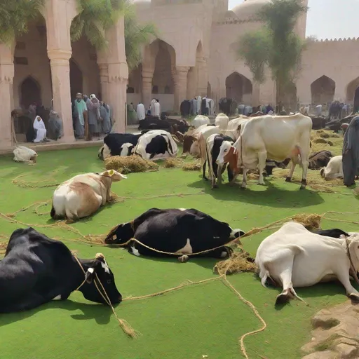 Prompt: cows and goats in the mosque yard eating green grass with ropes around their necks and Islamic people