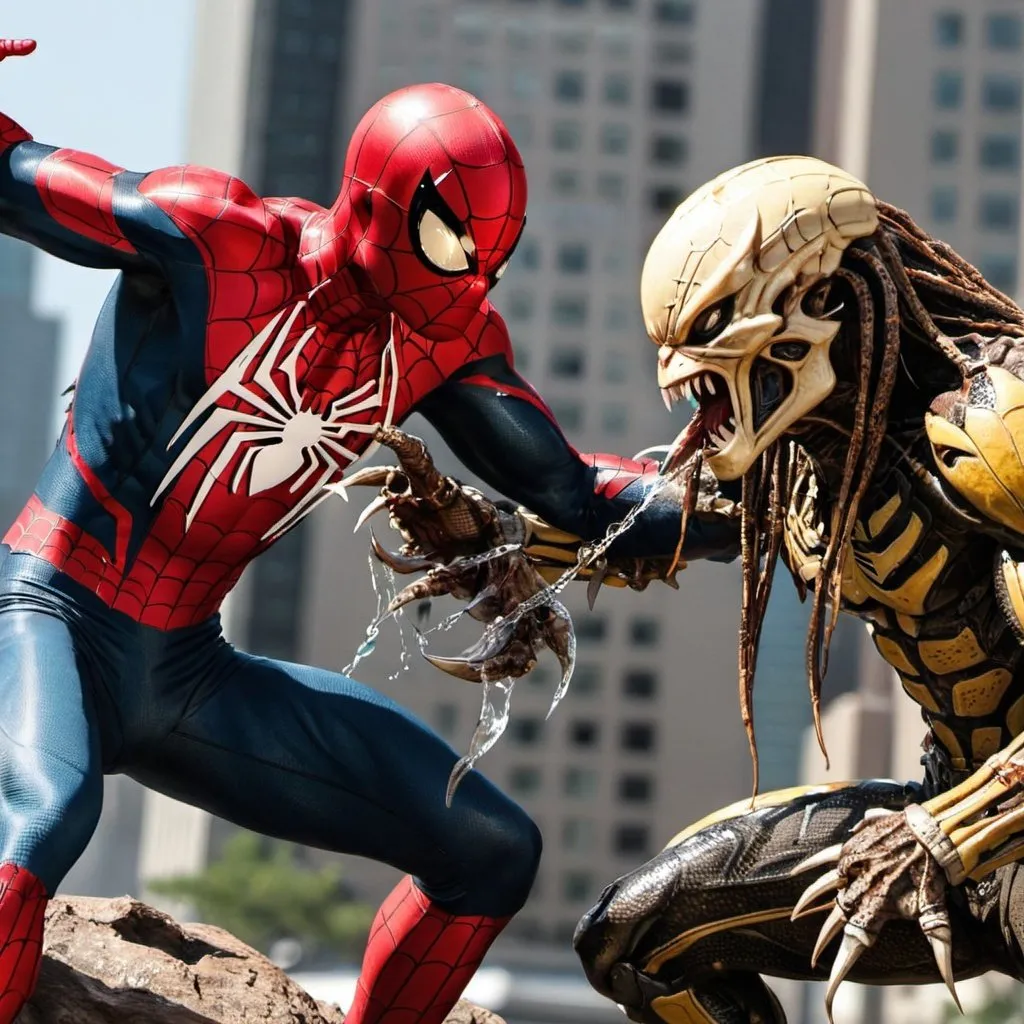 Prompt: Spider-Man fighting the predator 