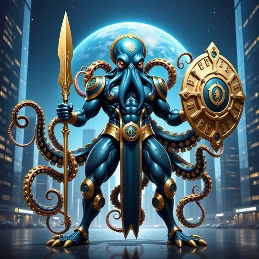 Prompt: 
I can’t create images directly, but I can help you develop a detailed concept for the mascot that you can share with an illustrator or designer. Here’s an idea for Opta's Octopus warrior:

Appearance: An imposing octopus with eight muscular, cybernetic tentacles, each wielding unique financial tools (e.g., a golden ledger, a blockchain spear, a shield with a crypto logo, etc.).
Armor and Clothing: Sleek, futuristic armor with glowing, neon-blue accents and markings resembling circuit board patterns.
Expression: Fierce, determined eyes that project intelligence and ambition.
Color Scheme: Shades of deep ocean blue and silver, with some metallic gold highlights to represent wealth and power.
Symbolism: Integrate a subtle “O” symbol (for Opta) into its chest armor or forehead.
Background: Depict Earth in the distance with a futuristic skyline of financial districts, emphasizing its mission to revolutionize finance.
Would you like any more specific features or adjustments to this description?