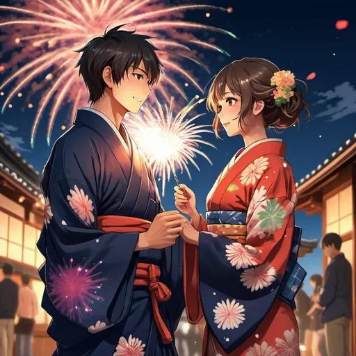 Prompt: (anime style), (warm color scheme), cool guy and beautiful girl facing each other, vibrant fireworks in the background, soft and enchanting glow, lively atmosphere, character expressions filled with joy, detailed clothing with traditional elements, night sky illuminated by colorful fireworks, high definition, ultra-detailed illustration showcasing emotion and connection.
Both men and women wear yukata.