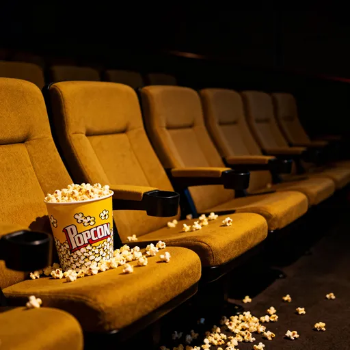 Prompt: A picture of a front row with popcorn bucket on one seat, popcorns sprinkled around in a movie theatre
