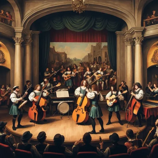 Prompt: an old styled painting of a band playing on a stage. renaissance style, make the setting modern