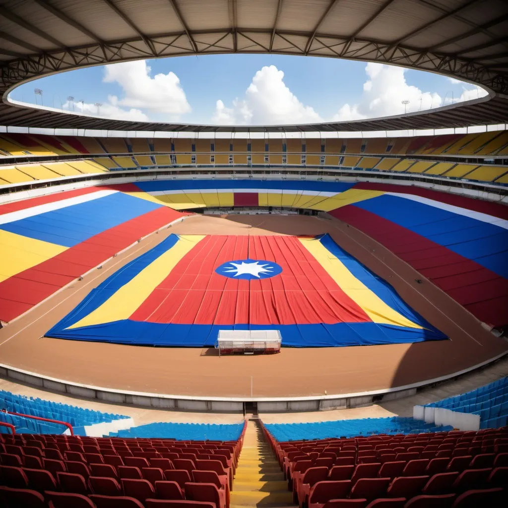 Prompt: Un estadio con una capacidad de 70 mil personas y una hinchada con los colores de la bandera del estado Apure Venezuela