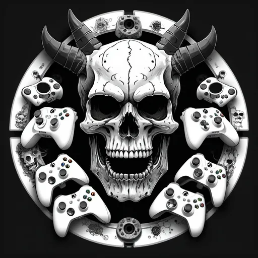 Prompt: black on white background, eight xbox and playstation controllers in a circle around a crazy demon skull
