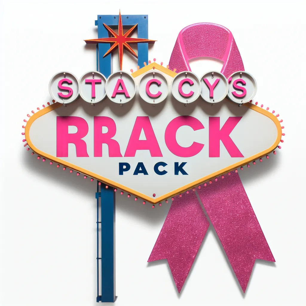 Prompt: change the iconic las vegas strip sign to say "Stacy's: "Rack" "Pack" instead, a hot pink cancer ribbon, on white background