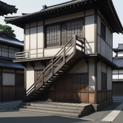 Prompt: a building with a staircase leading to a second story window and a door with a window pane on the second floor, Eishōsai Chōki, photorealism, cgstudio, a digital rendering