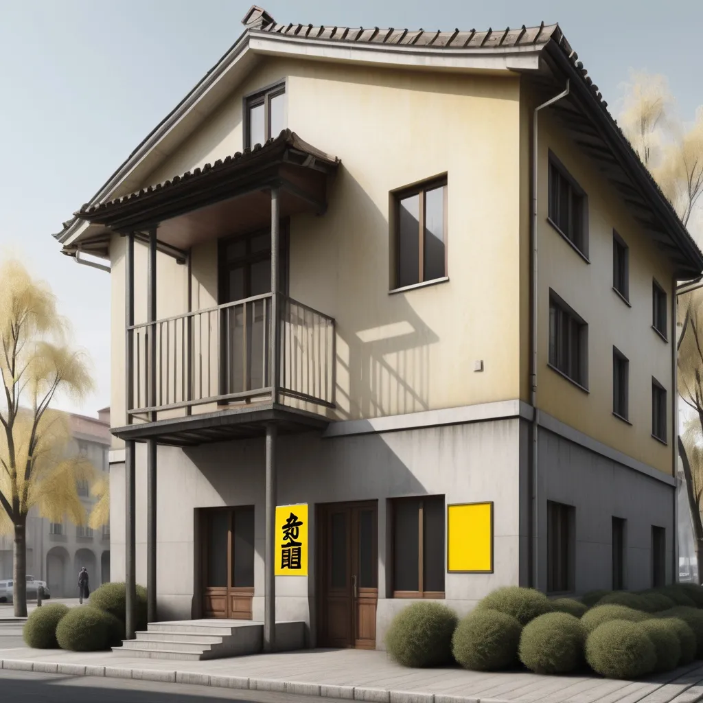 Prompt: a building with a Lombardy yellow sign on it's side and a tree in the background with , An Zhengwen, photorealism, cgstudio, a digital rendering