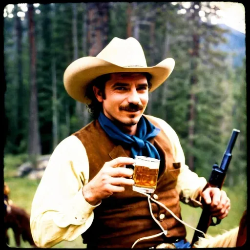 Prompt: A smiling cowboy on Horseback with a big mustache, wearing Wayfarer sunglasses, smoking a cigar, has a Colt Walker revolver in his right hand and a mug of beer in the other hand