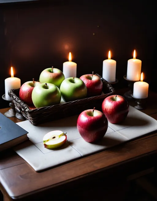 Prompt: Apples placed on a table with white candles on it for doing divination.