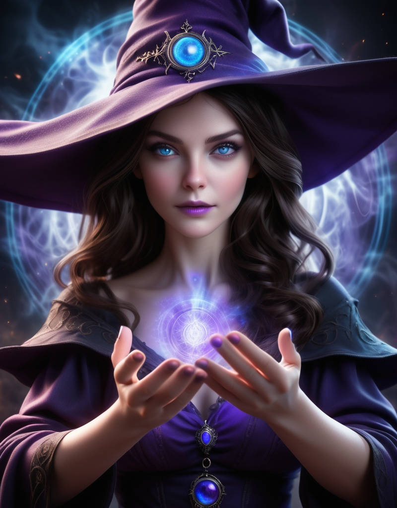 Prompt: An elegant adult female witch with dark brown hair and blue eyes conjuring purple magick radiating off her hands.