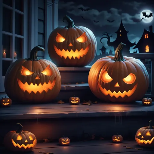 Prompt: Three pumpkins with a variety of scary faces sitting on a porch with candles inside them at nighttime for Halloween with ghosts being afraid of them.