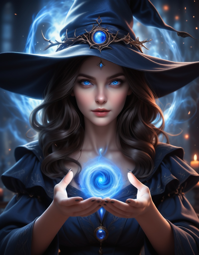 Prompt: An elegant adult female witch with dark brown hair and blue eyes conjuring blue magick from her hands.