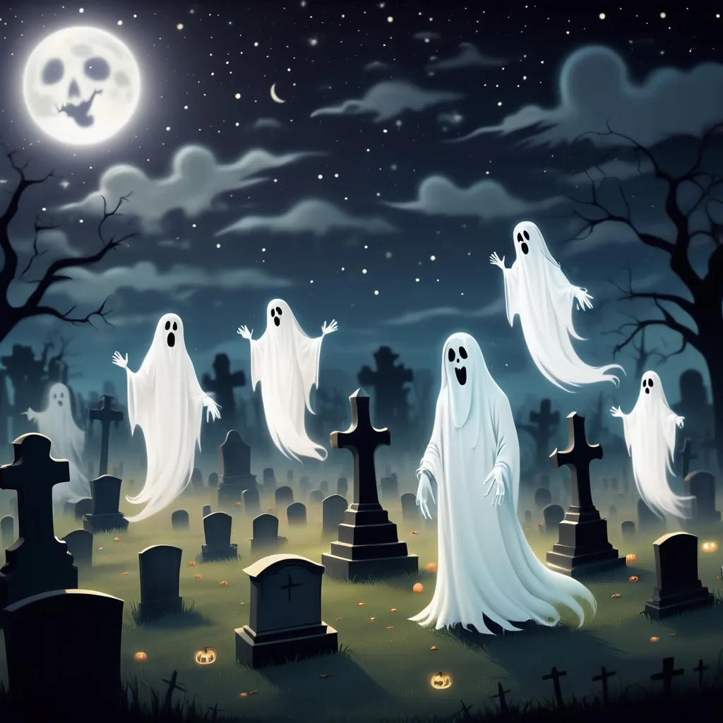 Prompt: White friendly ghostly human spirits floating around a graveyard at night on Halloween under the moon and the stars.