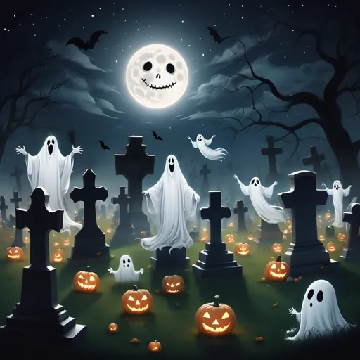 Prompt: White friendly ghostly human spirits floating around a graveyard at night on Halloween under the moon and the stars.