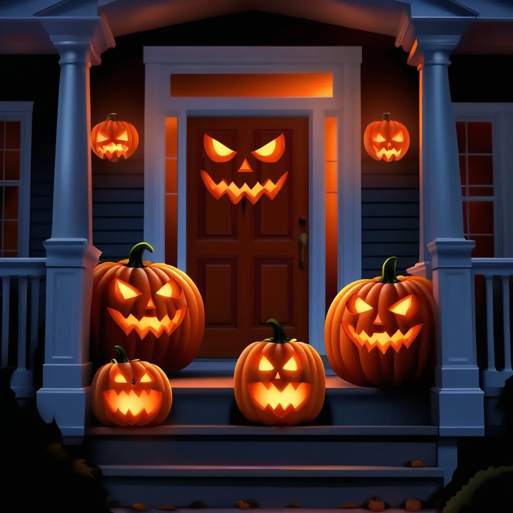 Prompt: Three scary orange pumpkins on a porch with candles that are protecting the home by scaring the demons away on Halloween.