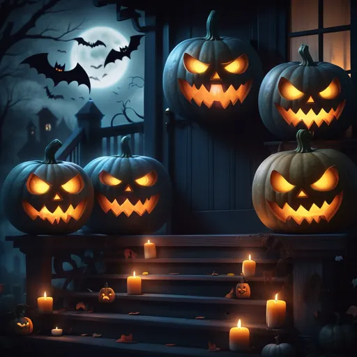 Prompt: Three pumpkins with a variety of scary faces sitting on a porch with candles inside them at nighttime for Halloween with ghosts being afraid of them.