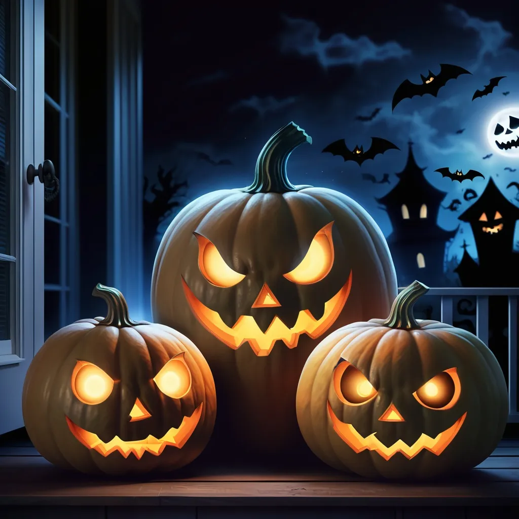 Prompt: Three pumpkins with a variety of scary faces sitting on a porch with candles inside them at nighttime for Halloween with ghosts being afraid of them.