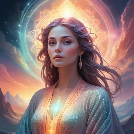 Prompt: Vibrant digital illustration of Mose, majestic and serene, glowing ethereal aura, heavenly landscape, flowing robes with intricate celestial patterns, divine facial features, radiant and otherworldly, high quality, digital art, celestial, serene color palette, ethereal lighting