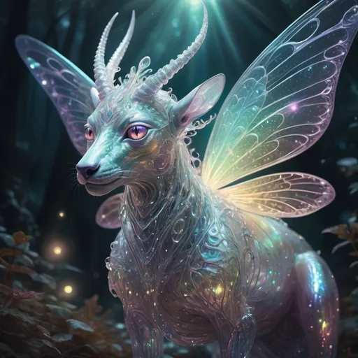 Prompt: Surreal digital artwork of an otherworldly creature, iridescent and translucent, shimmering with ethereal light, mystical and dreamlike, intricate details, high-detailed, surrealism, iridescent colors, glowing, dreamy lighting, translucent, ethereal, magical creature, digital art, fantasy