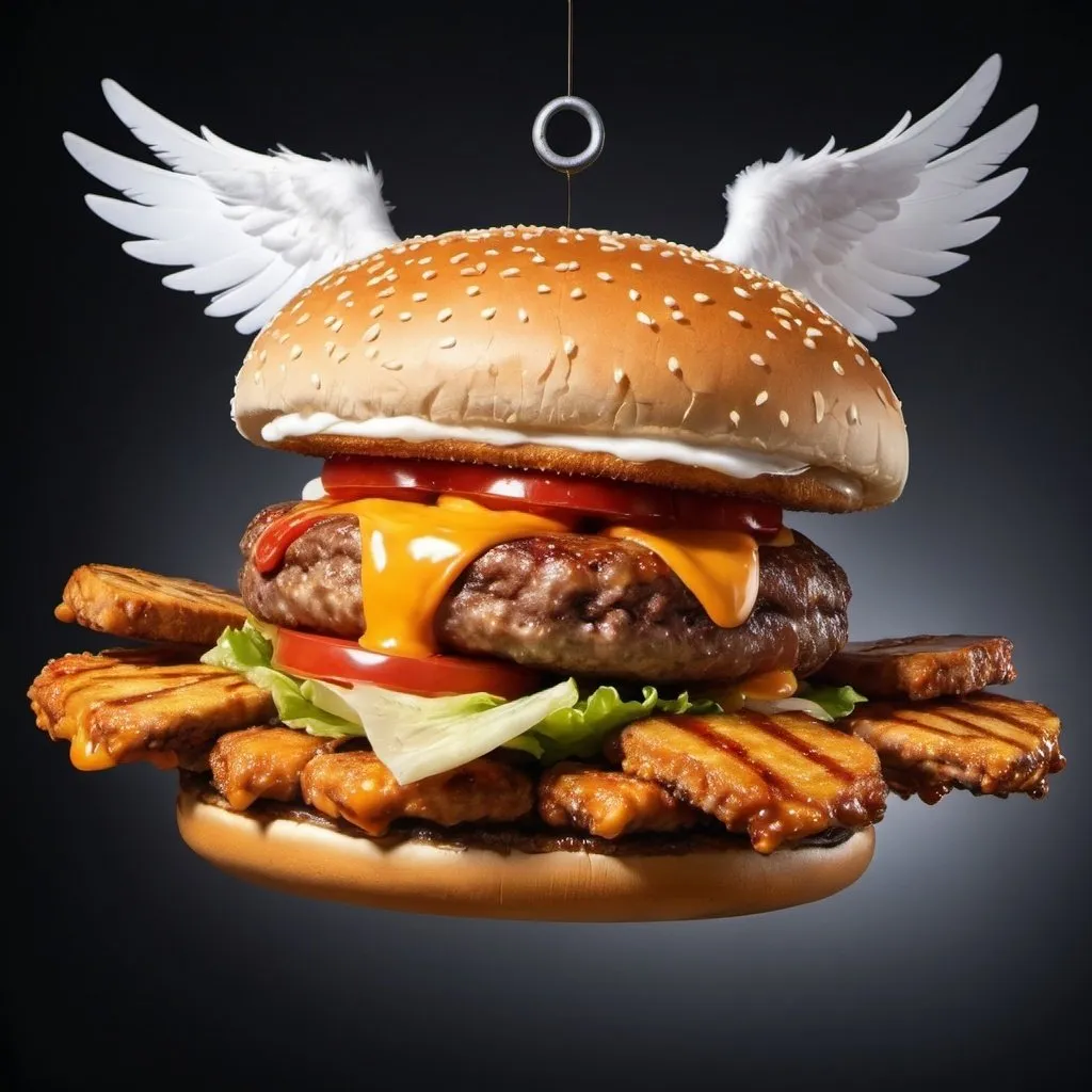 Prompt: Flying burger with wings 
