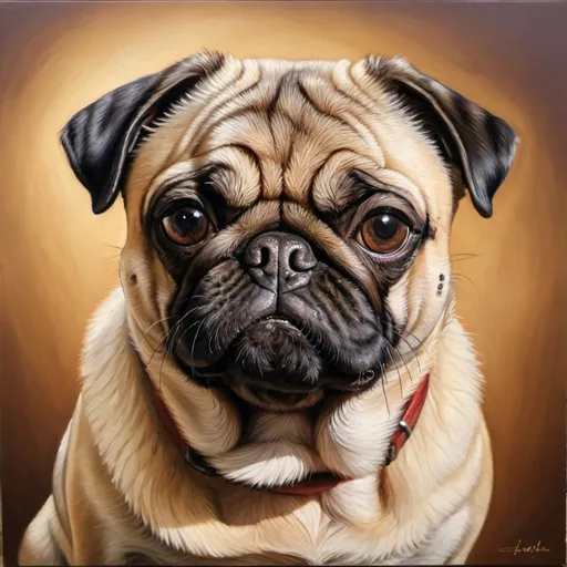 Prompt: Detailed, realistic oil painting of a lovable pug, adorable wrinkled face, glossy fur with warm tones, playful expression, high quality, realistic, oil painting, warm tones, detailed wrinkles, adorable, playful, professional lighting