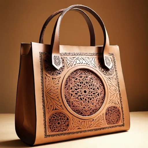 Prompt: Make leather Natural hand bag inspired islamic art 