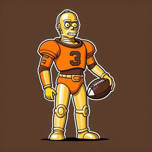 Prompt: (Simpsons style), C3PO (American football Cleveland Browns, #3 uniform), brown uniform, bold outlines, minimalistic design, high contrast, without background distractions