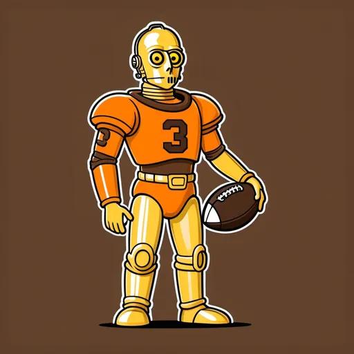 Prompt: (Simpsons style), C3PO (American football Cleveland Browns, #3 uniform), brown uniform, bold outlines, minimalistic design, high contrast, without background distractions