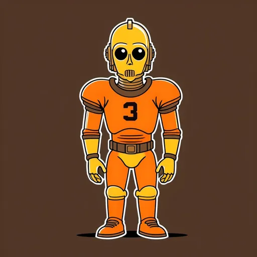 Prompt: (Simpsons style), C3PO (in American football Cleveland Browns uniform in brown and orange, #3), bold outlines, minimalistic design, high contrast, 4K quality,  without background distractions