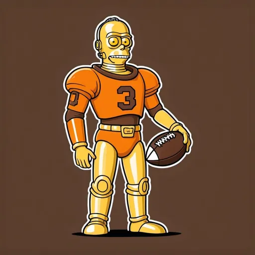 Prompt: (Simpsons style), C3PO (American football Cleveland Browns, #3 uniform), brown uniform, bold outlines, minimalistic design, high contrast, without background distractions