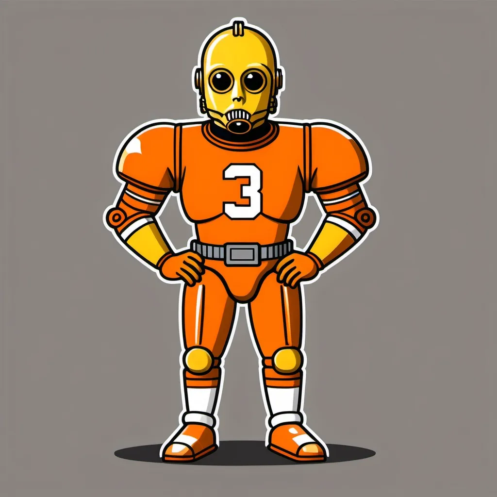 Prompt: (Simpsons style), C3PO (in American football Cleveland Browns, #3 uniform), bold outlines, minimalistic design, high contrast, 4K quality,  without background distractions