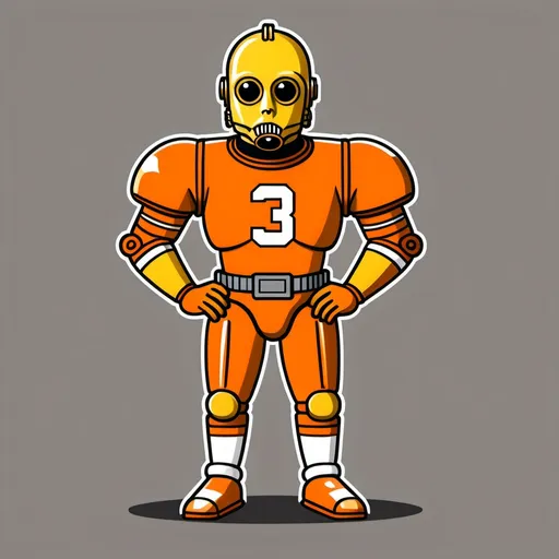 Prompt: (Simpsons style), C3PO (in American football Cleveland Browns, #3 uniform), bold outlines, minimalistic design, high contrast, 4K quality,  without background distractions