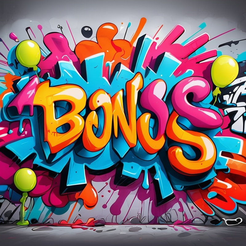 Prompt: Colorful graffiti illustration of a BONUS words