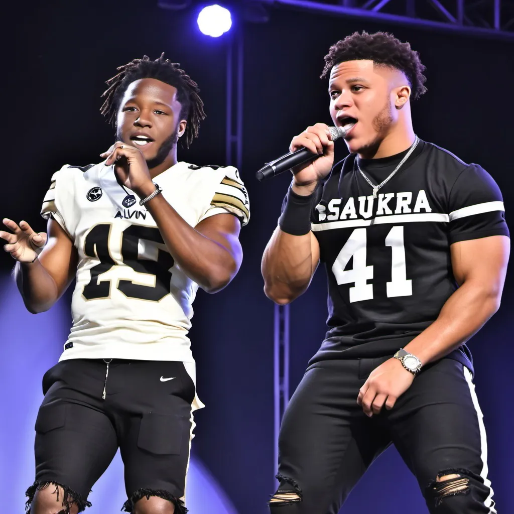 Prompt: Alvin Kamara and Saquon Barkley in a band on stage